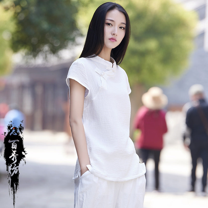 23 spring and summer cotton and linen women's new products Nianbaixiu spinning Zen retro buckle slim tea dress half-sleeved buckle T-shirt 