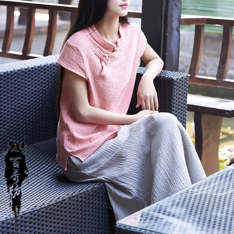 23 spring and summer cotton and linen women's new products Nianbaixiu spinning Zen retro buckle slim tea dress half-sleeved buckle T-shirt 