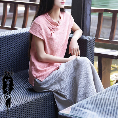 23 spring and summer cotton and linen women's new products Nianbaixiu spinning Zen retro buckle slim tea dress half-sleeved buckle T-shirt 