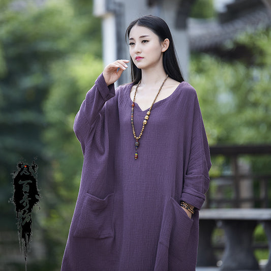 2023 spring and summer cotton and linen women's new Nianbaixiu spinning double-layer cotton retro Zen home dress long skirt robe 