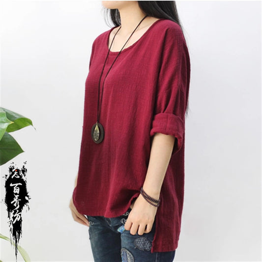 2023 Spring and Summer Nianbaixiu Spinning Cotton and Linen New Product Design Simple Zen Retro Bamboo Hemp Art Women's T-shirt 