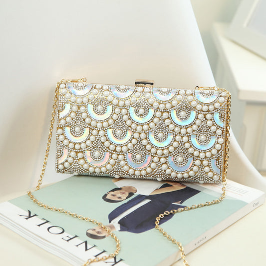 2023 New Clutch Women's Bag Pearl Rhinestone Evening Bag Geometric Pattern Single Shoulder Diagonal Chain Small Square Bag Wholesale 