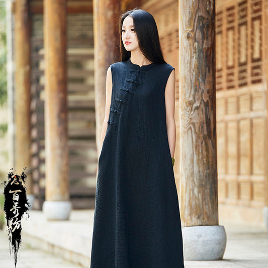 23 spring and summer cotton and linen women's new products Nian Baixiu spinning retro light and sweat-absorbing buckle women's sleeveless long dress dress 