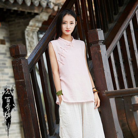 2023 spring and summer Nianbaixiu spinning cotton and linen women's national style retro breathable thin buckle women's sleeveless T-shirt vest 