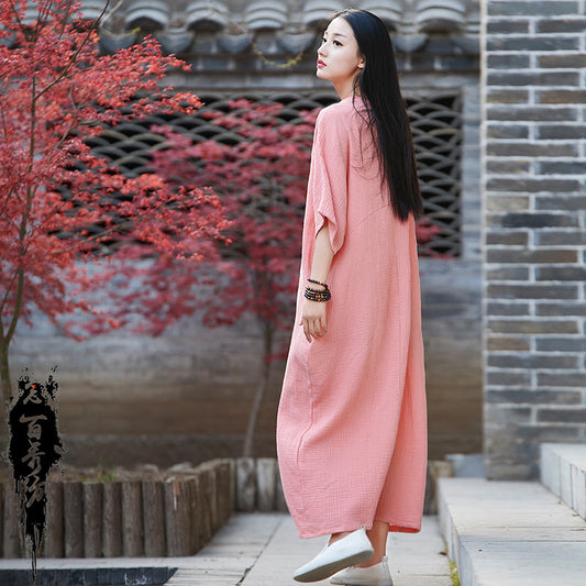 23 spring and summer cotton and linen women's new products Nianbaixiu spinning retro national style Zen mosaic women's short-sleeved long skirt dress 