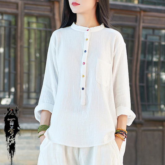 2023 spring and summer new Nianbaixiu spinning Zen cotton linen women's soft light retro art fashion long-sleeved T-shirt 