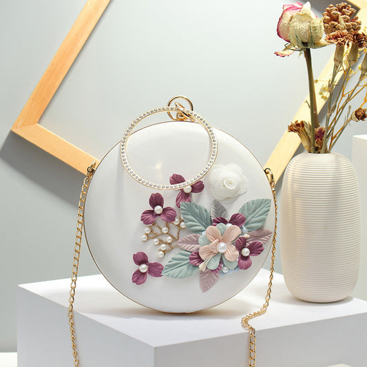 Women's bag mirror flower water moon small round bag cake-shaped bag flower pearl bag clip chain one-shoulder oblique trend small round bag 
