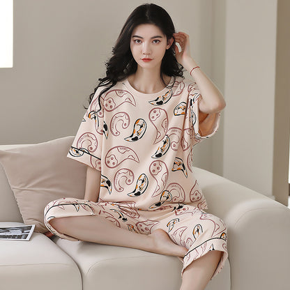 Pajamas women's summer short-sleeved cropped pants dignified and comfortable cotton large size pajamas pullover mother can wear home clothes