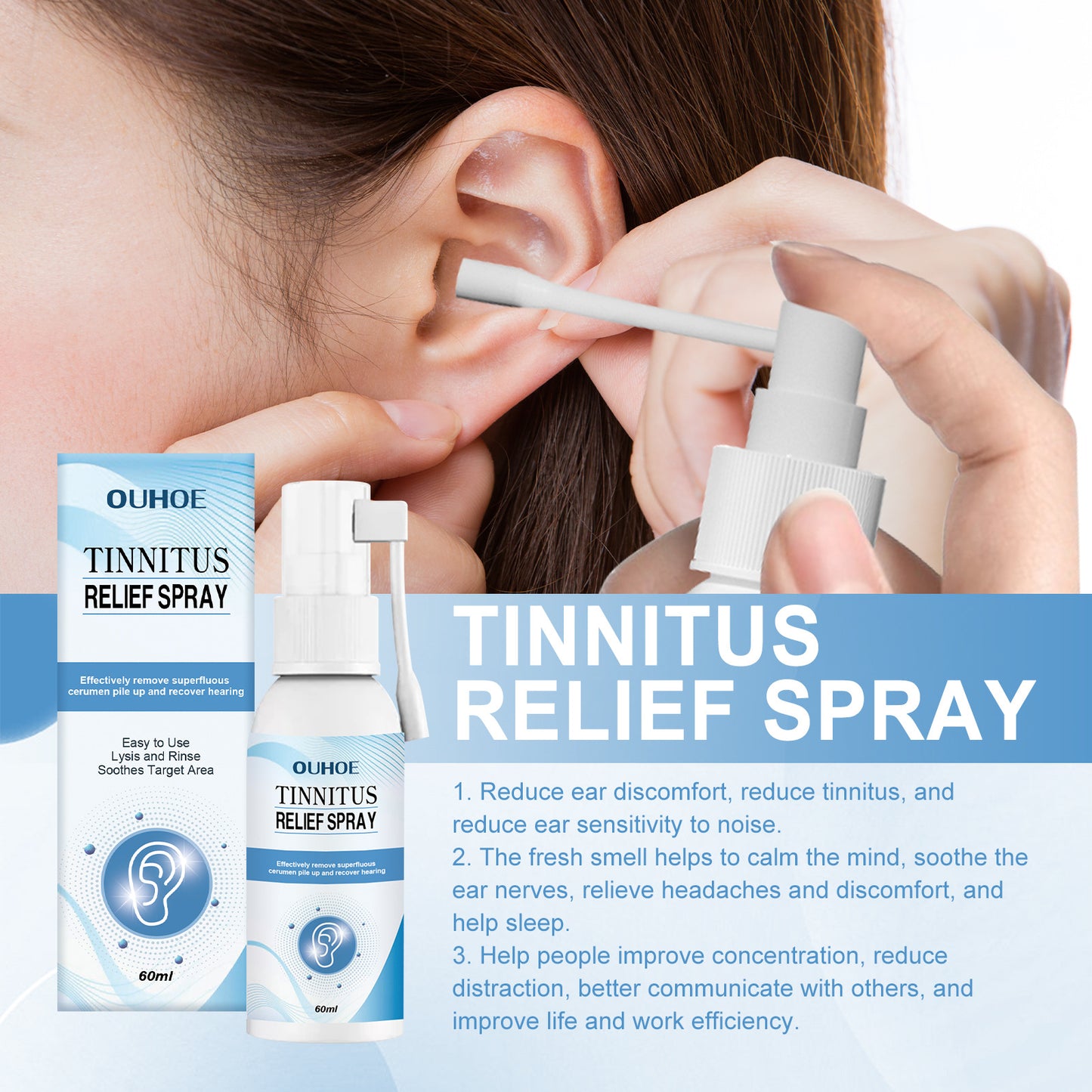 OUHOE tinnitus relief spray, behind-the-ear ear plugs to relieve ear discomfort, earwax cleaning and ear health care spray 