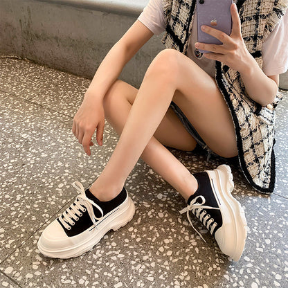 麦昆小白鞋 2023年新款 帆布低帮老爹鞋女厚底松糕系带运动鞋单鞋