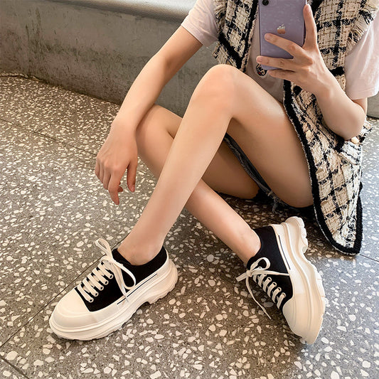 麦昆小白鞋 2023年新款 帆布低帮老爹鞋女厚底松糕系带运动鞋单鞋