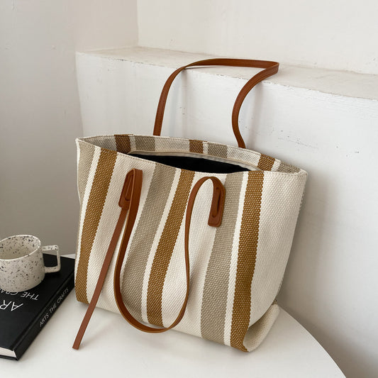 Korean style large capacity women's shoulder bag 2021 new style simple vertical stripe casual tote bag fashion handbag 