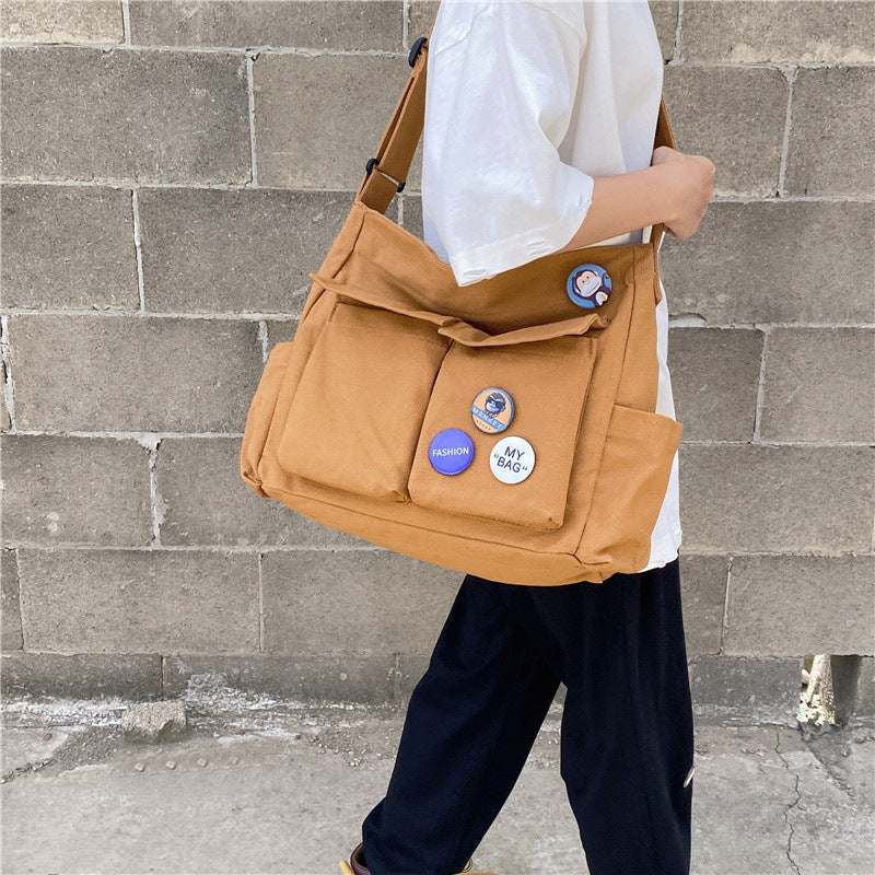 Literary youth shoulder bag ins versatile large-capacity canvas bag summer college student class bag crossbody bag women's bag 