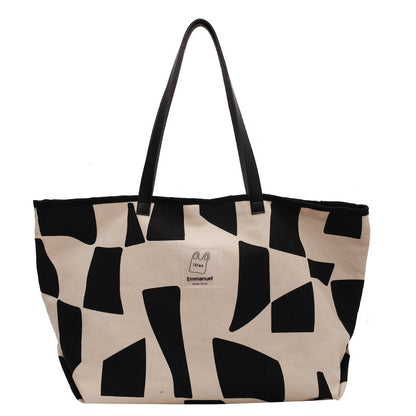 Ruiying's new plaid canvas shoulder bag for women, trendy large-capacity Japanese style literary leisure bag, pure cotton shopping bag 