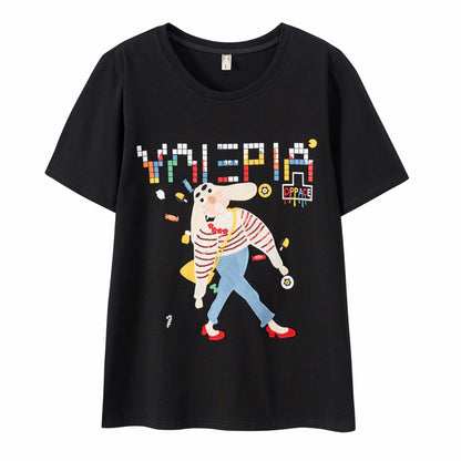 Summer new large size women's clothing fat sister casual loose thin embroidery short-sleeved round neck cotton T-shirt top 18085 