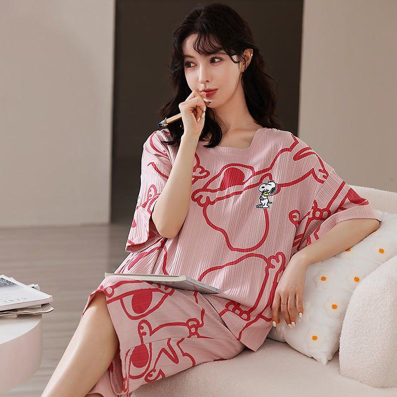 Pajamas women's summer short-sleeved cropped pants dignified and comfortable cotton large size pajamas pullover mother can wear home clothes