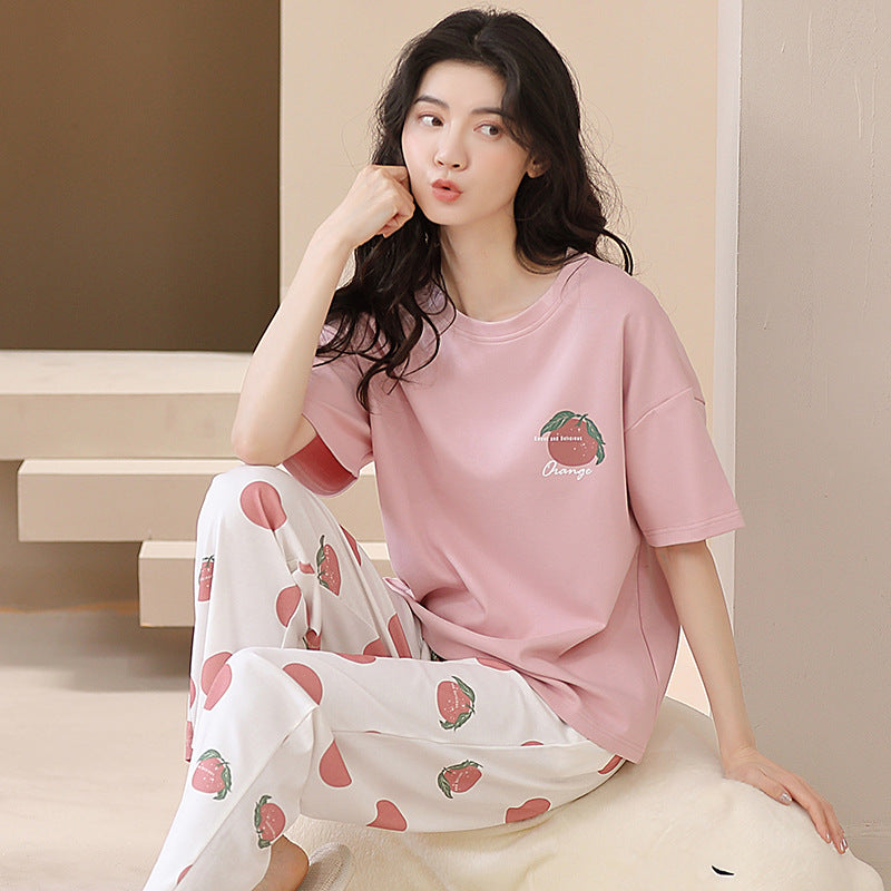 New 2023 summer pajamas women's pure cotton short-sleeved breathable sweet women's leisure can be worn outside home service suit thin