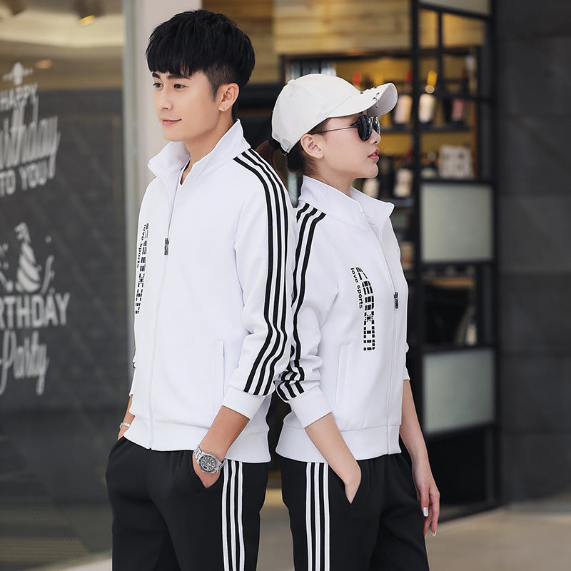春秋情侣运动套装男休闲立领运动服女跑步出场团体服高中校服批发