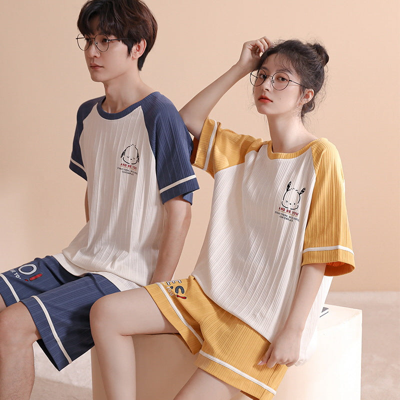 Summer couple pajamas female cute pullover short-sleeved knitted cotton casual men's shorts suit can be worn outside home clothes