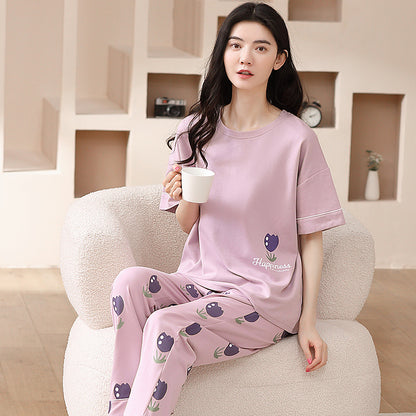 New 2023 summer pajamas women's pure cotton short-sleeved breathable sweet women's leisure can be worn outside home service suit thin