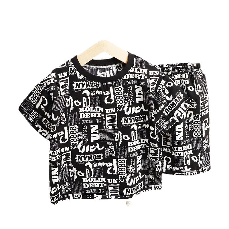 儿童短袖套装冰丝满花短袖短裤夏季衣服速干批发抖音爆款一件代发
