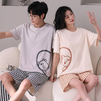 Summer short-sleeved couple pajamas women's simple high-grade cotton pullover shorts men's comfortable and wearable home service suits