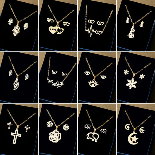 European and American Stainless Steel Earrings Necklace Set Cross-border Geometric Cross Palm Eyes Rose Pendant Jewelry 