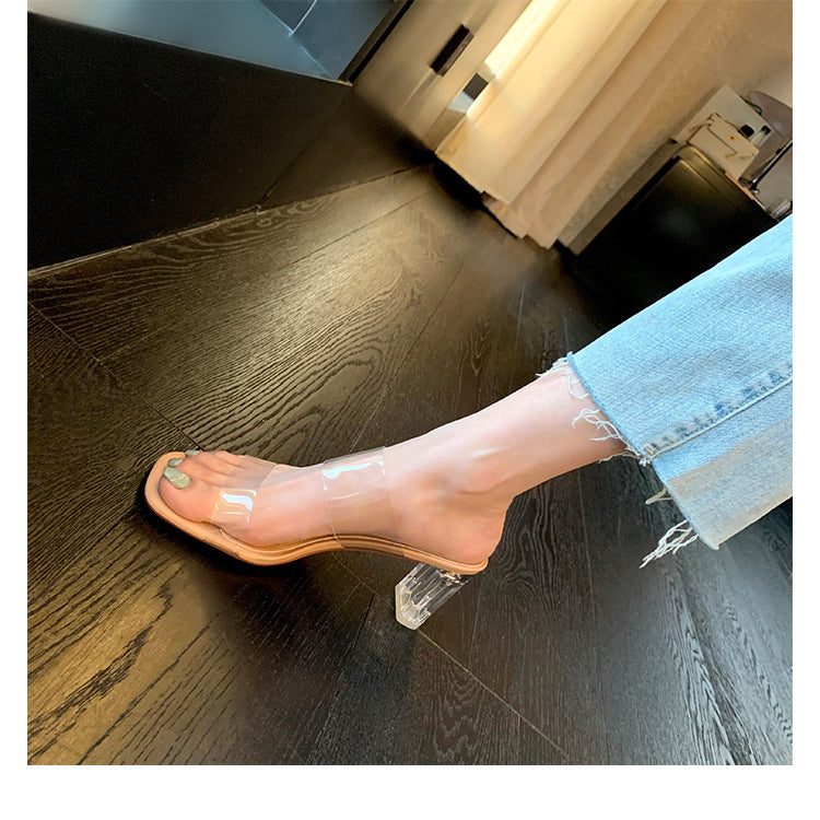 葡萄妈Studiolee 气质仙女高跟方头粗跟增高透明水晶凉拖鞋女夏天