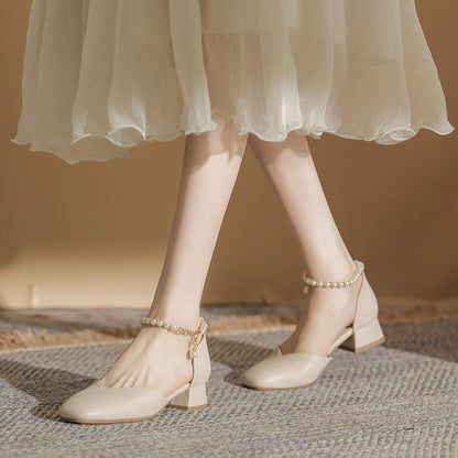 Women's 2024 summer new style all-match fairy style pearl French style mid-heel thick-heeled Mary Jane shoes 