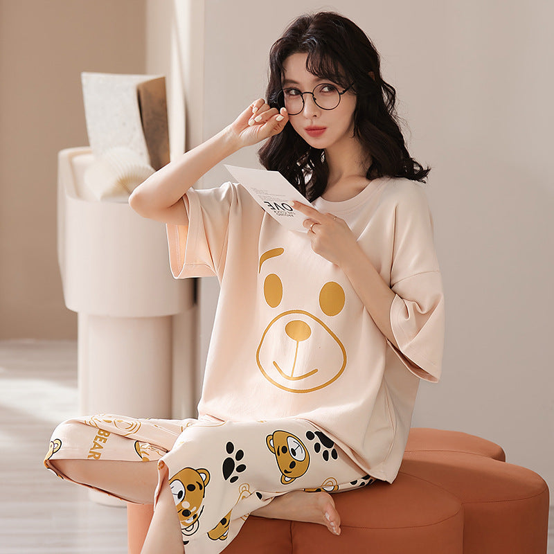 Pajamas women's summer short-sleeved cropped pants dignified and comfortable cotton large size pajamas pullover mother can wear home clothes
