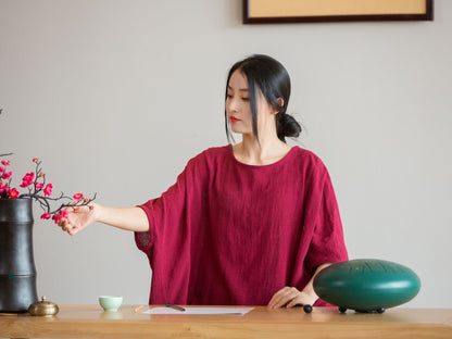 23 spring and summer cotton and linen women's new design sense of bamboo linen light and artistic loose bat sleeve women's sunscreen T-shirt 