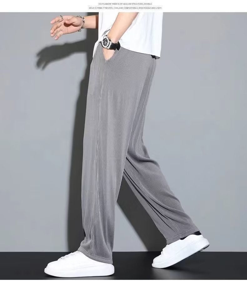 Summer drape ice silk pants men's thin section straight loose casual sports pants striped quick-drying wide-leg trousers men's tide 