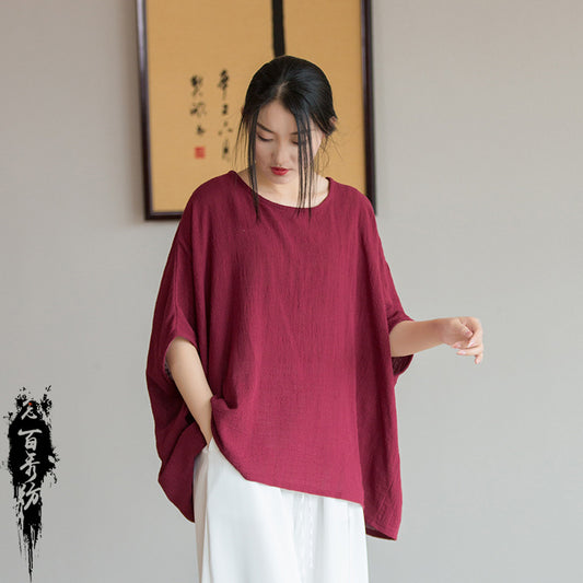 23 spring and summer cotton and linen women's new design sense of bamboo linen light and artistic loose bat sleeve women's sunscreen T-shirt 