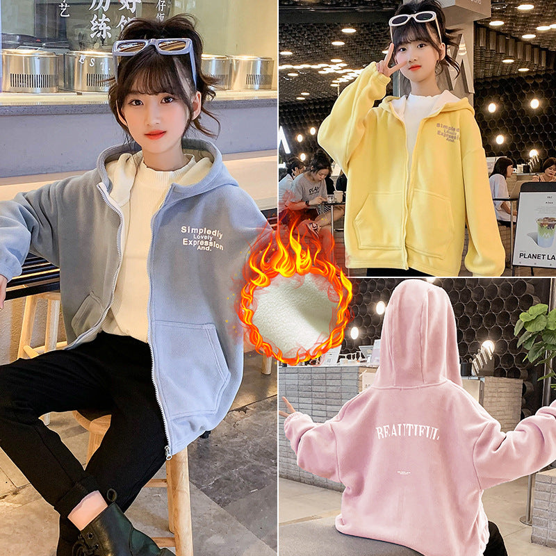 Girls winter clothes 2024 new double-sided fleece warm polar fleece thickened plush cardigan jacket hooded sports style