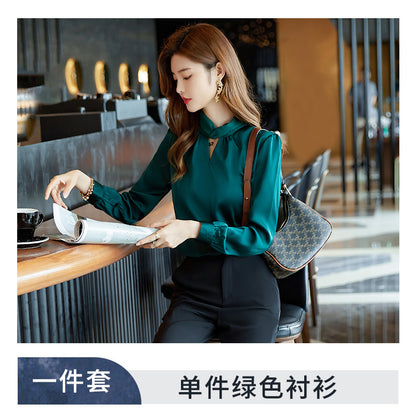 蓝色衬衫女春秋新款面试正装气质休闲雪纺法式长袖秋装白衬衣秋季