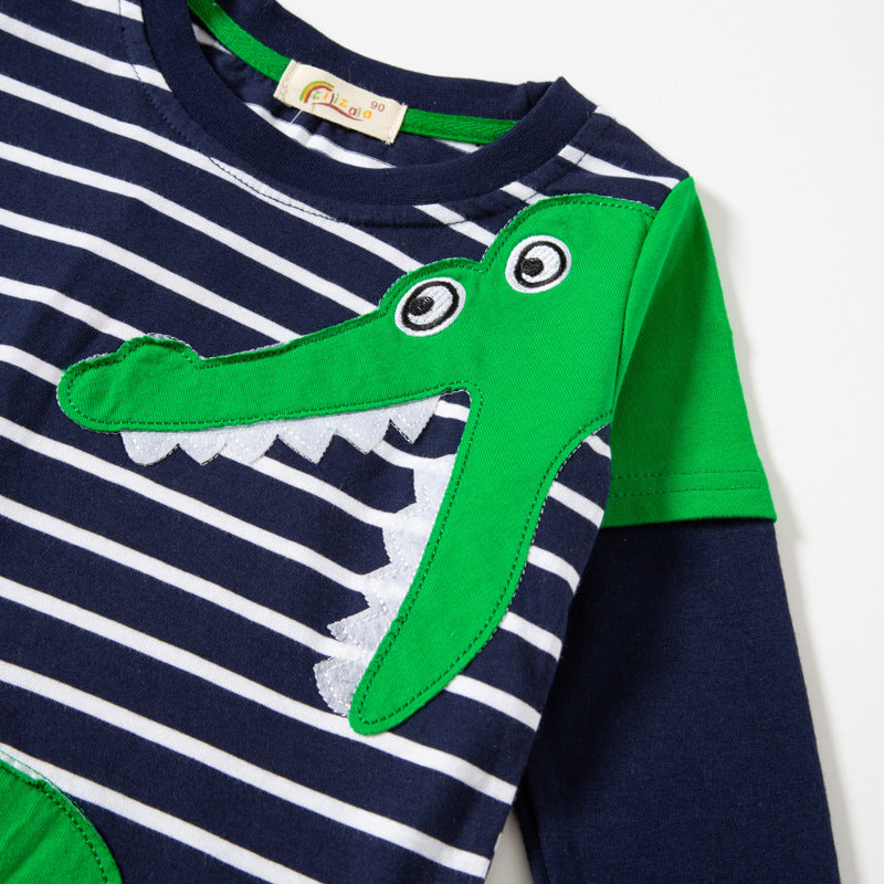 2024 new children's spring and autumn baby striped tops pure cotton fake two-piece cartoon children's clothing manufacturers one piece dropshipping 