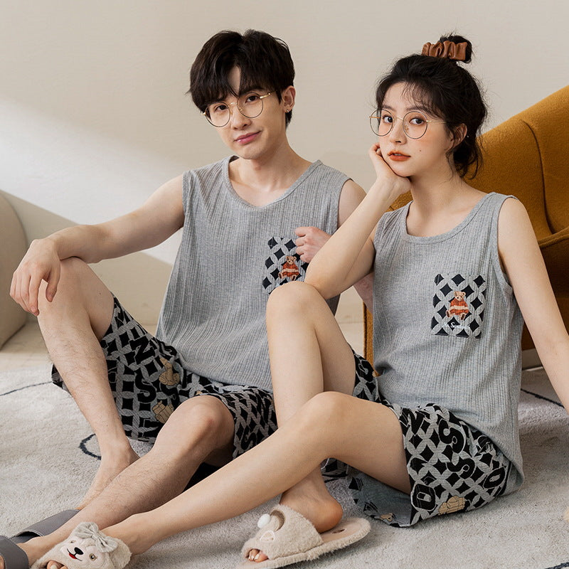 [Strictly Selected] Summer Knitted Cotton Couple Pajamas Women's Vest Shorts Thin Section Casual Men's and Women's Homewear Set
