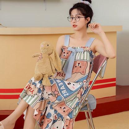 Summer cool suspender nightdress cute and sweet mid-length style with chest pad princess style students can wear home clothes