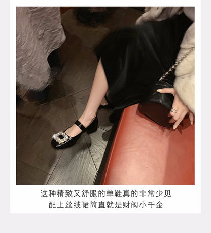 【sheii苏茵茵】梦中华尔兹~黑色方头水钻粗跟玛丽珍单鞋女平底鞋