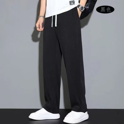 Summer drape ice silk pants men's thin section straight loose casual sports pants striped quick-drying wide-leg trousers men's tide 