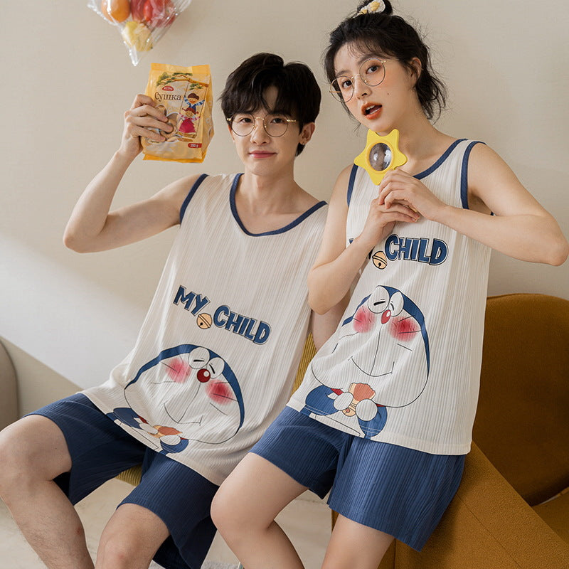 [Strictly Selected] Summer Knitted Cotton Couple Pajamas Women's Vest Shorts Thin Section Casual Men's and Women's Homewear Set