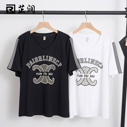 Zhirun 2023 summer new large size women's fat mm fashion diamond v-neck slim pullover t-shirt top 18171 