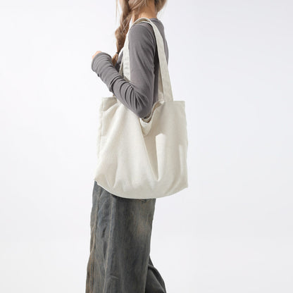 Korean fashion large-capacity shopping bag casual literary canvas handbag simple retro corduroy shoulder bag for women 