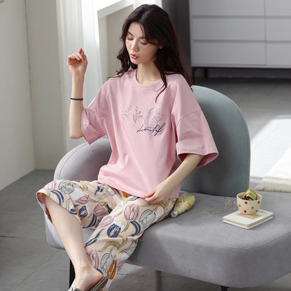 Pajamas women's summer short-sleeved cropped pants dignified and comfortable cotton large size pajamas pullover mother can wear home clothes