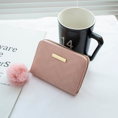 潮流波浪绣花女钱包female a wallet 短款毛球零钱包卡包外贸批发