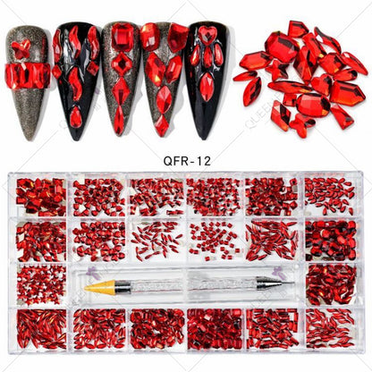Nail Art Diamond Jewelry 21 Grids Flat Bottom Special Shaped Diamond Size Mixed Nail Art Diamond Special Shaped Glass Diamond DIY Accessories Set 