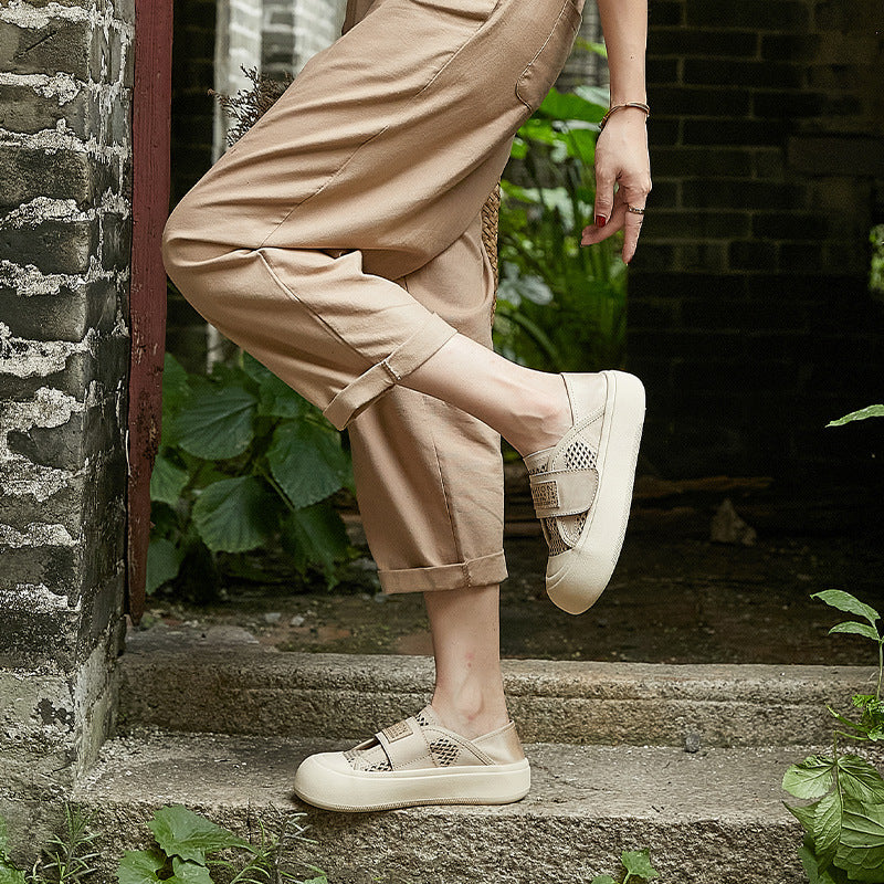 牛皮小白鞋女外穿2023夏季新款时尚一脚蹬松糕底单鞋镂空广州女鞋