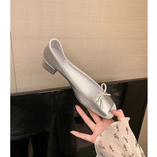 In stock~2023 summer new style small fragrant wind square head shallow mouth bowknot flat bottom French retro mid-heel single shoes 