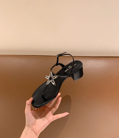 [sheii Su Yinyin] Late night stars ~ rhinestone five-pointed star clip toe buckle strap 2023 summer thick heel sandals women 