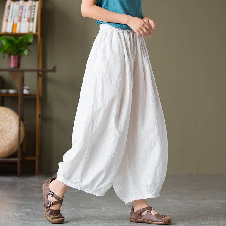 23 spring and summer cotton and linen women's new products sand-washed linen bloomers women's elastic waist loose casual pants nine-point pants 